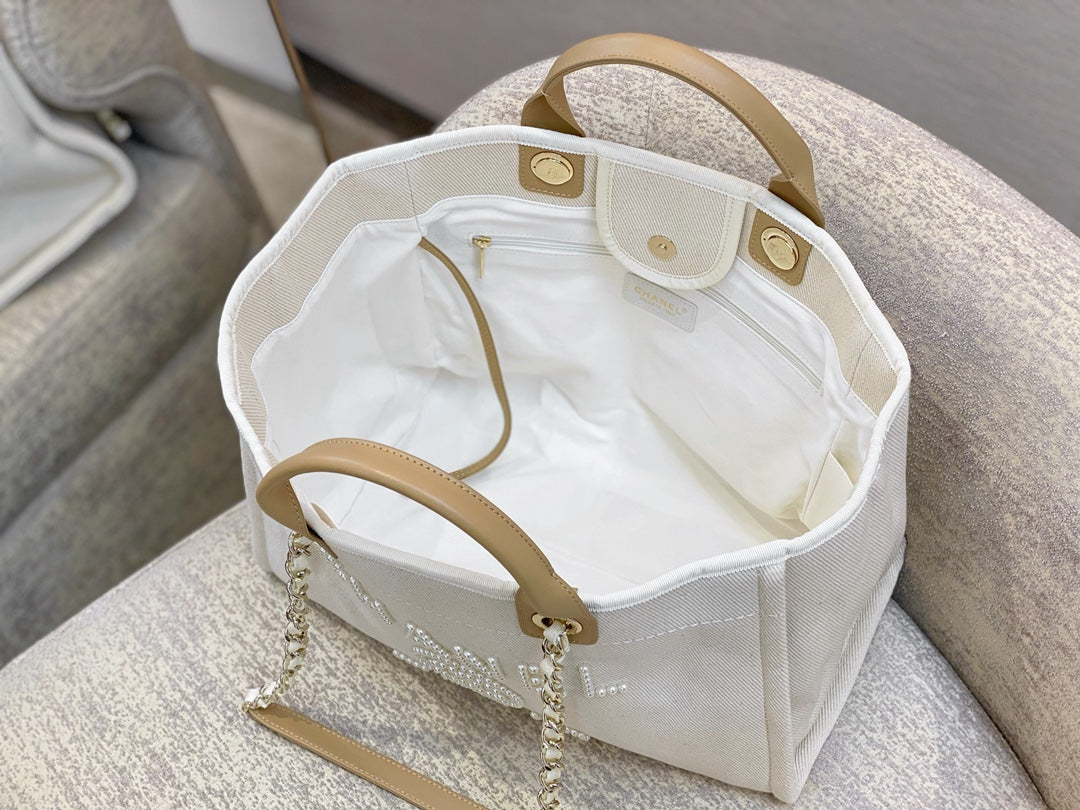 CC DEAUVILLE TOTE BAG WHITE CANVAS MOP LOGO