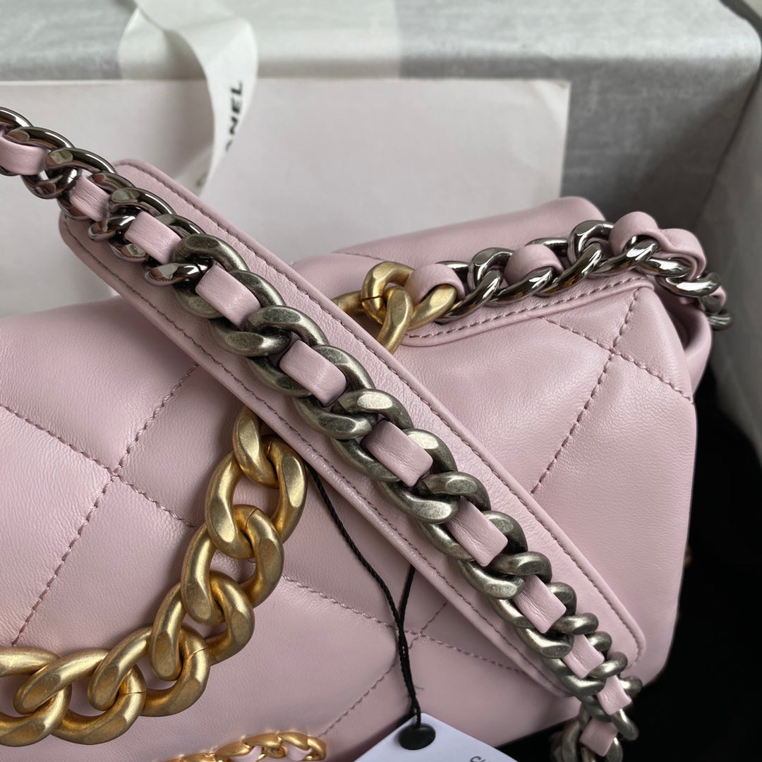 19 flap bag 26 pink goatskin gold hardware