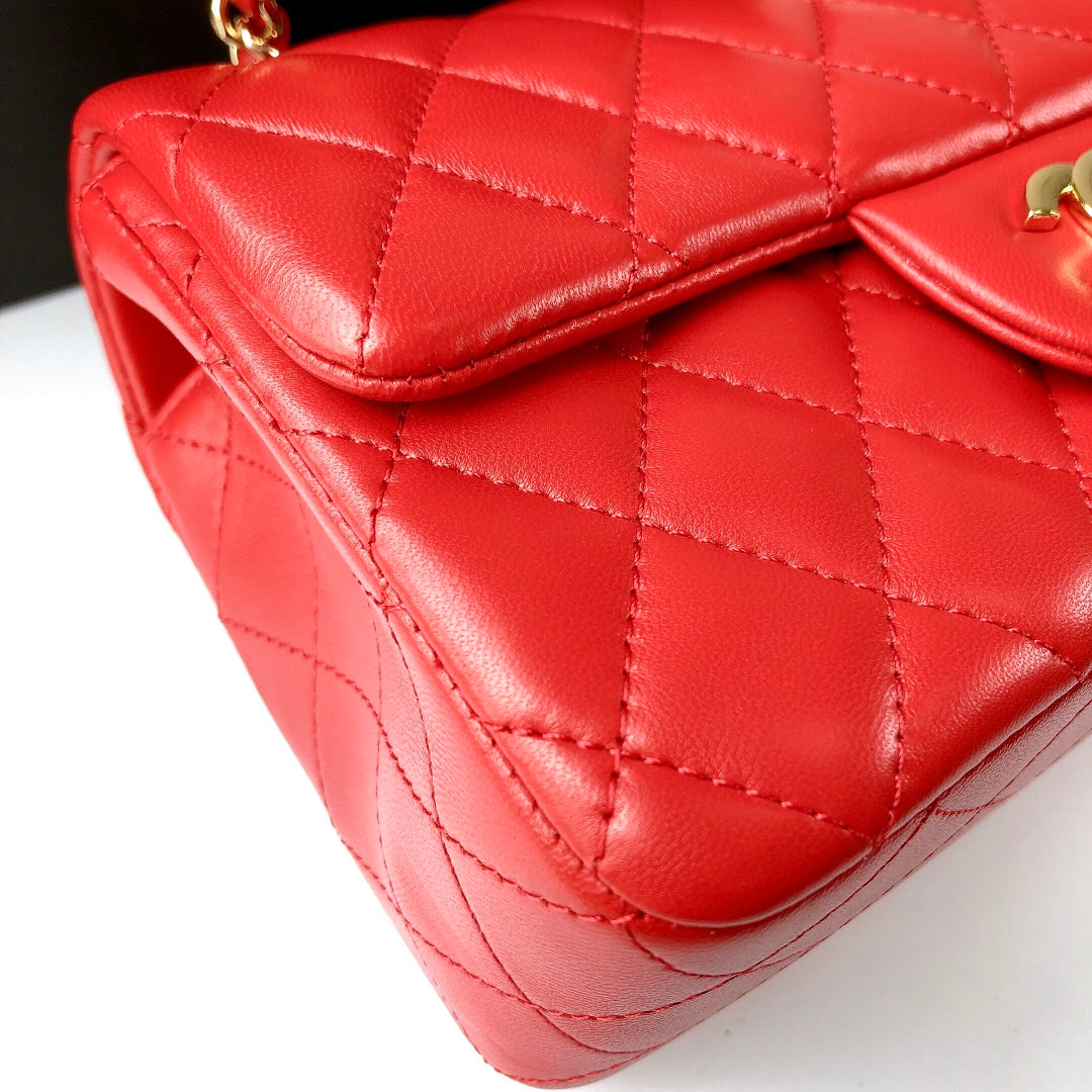 MINI RECTANGLE FLAP BAG 20CM RED LAMBSKIN GOLD HARDWARE