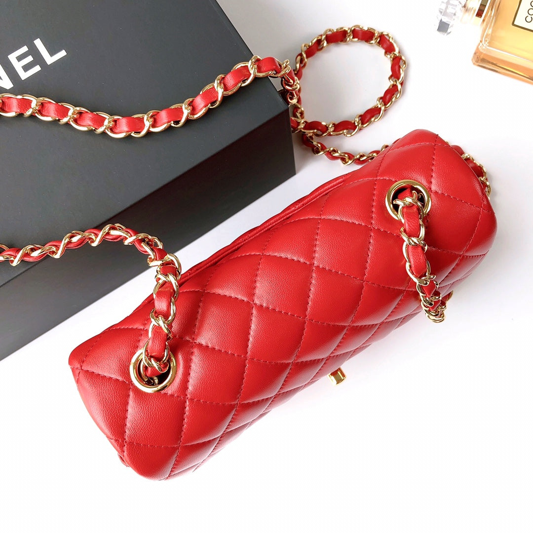 MINI RECTANGLE FLAP BAG 20CM RED LAMBSKIN GOLD HARDWARE