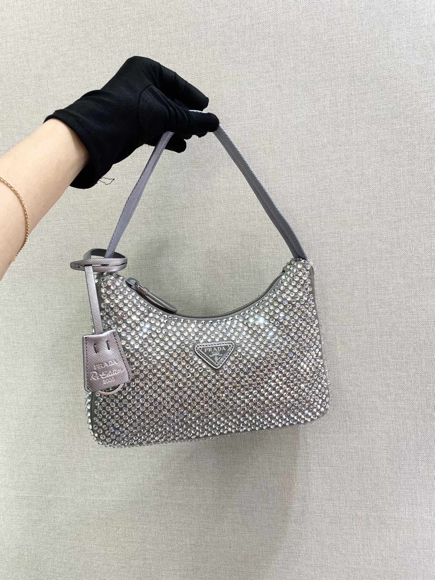 SPARKLING HOBO BAG 23 IN SILVER NYLON ATTACHED FULLY CRYSTALS