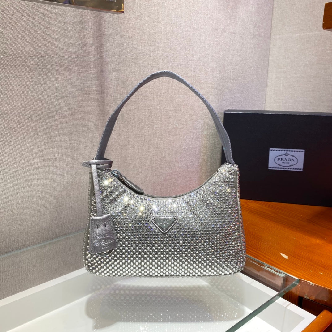 SPARKLING HOBO BAG 23 IN SILVER NYLON ATTACHED FULLY CRYSTALS