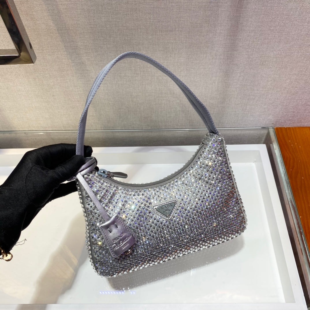 SPARKLING HOBO BAG 23 IN SILVER NYLON ATTACHED FULLY CRYSTALS