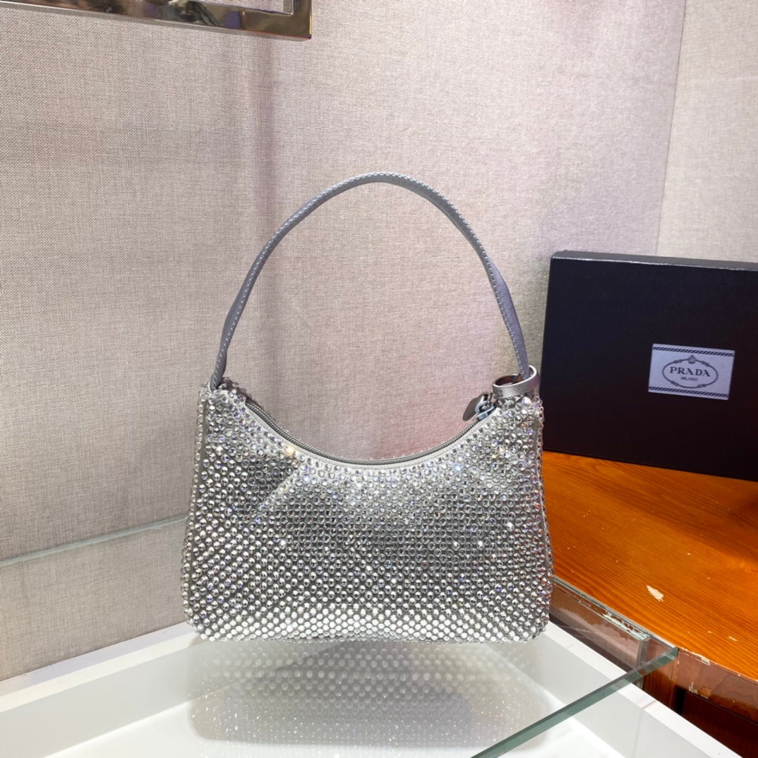 SPARKLING HOBO BAG 23 IN SILVER NYLON ATTACHED FULLY CRYSTALS