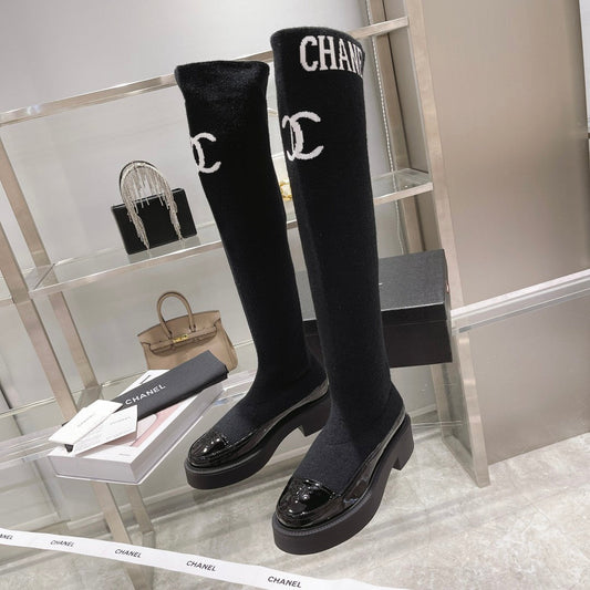 CC High Boots 45mm Black Stretch Wool And Cowhide