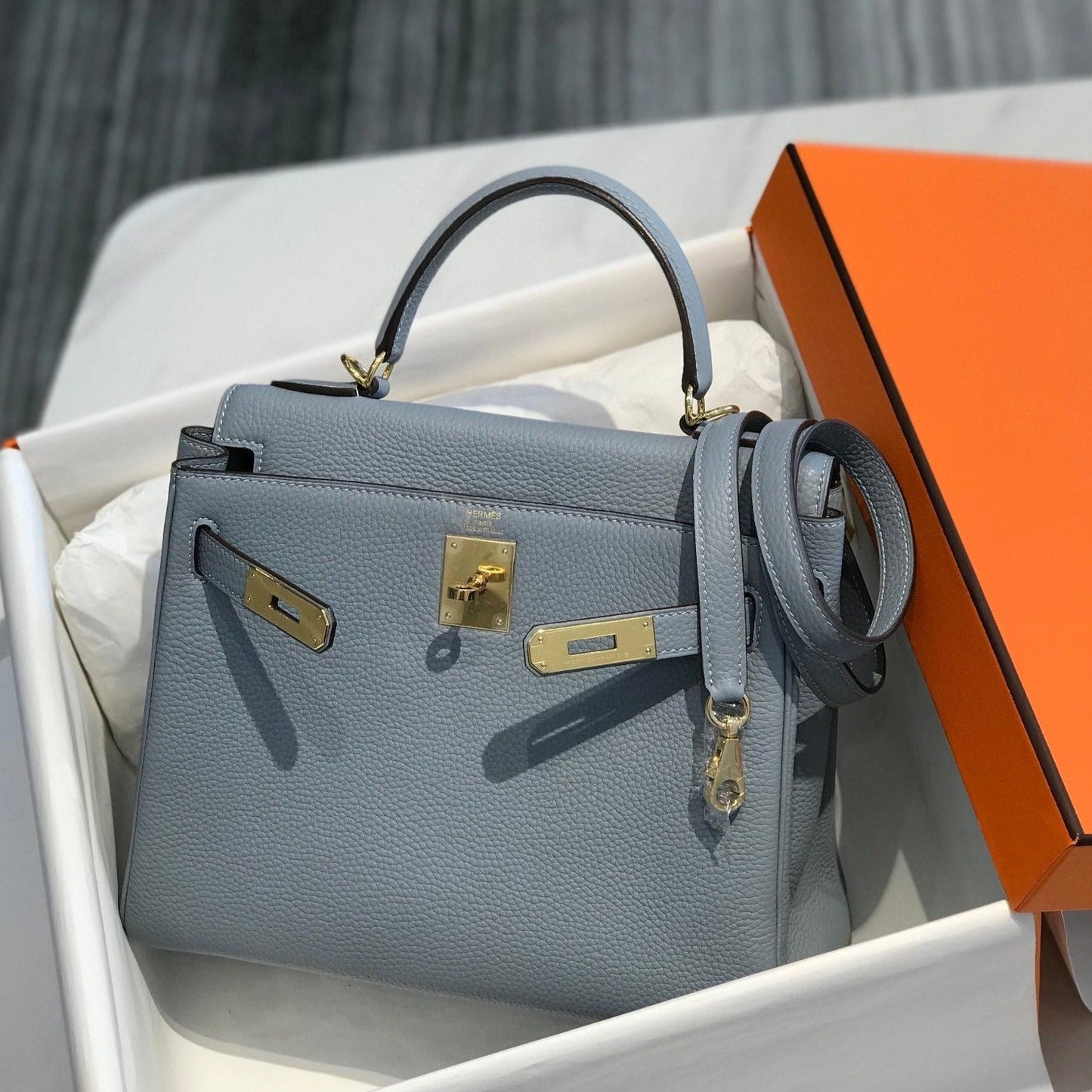 hm kelly 32cm baby blue togo leather gold hardware