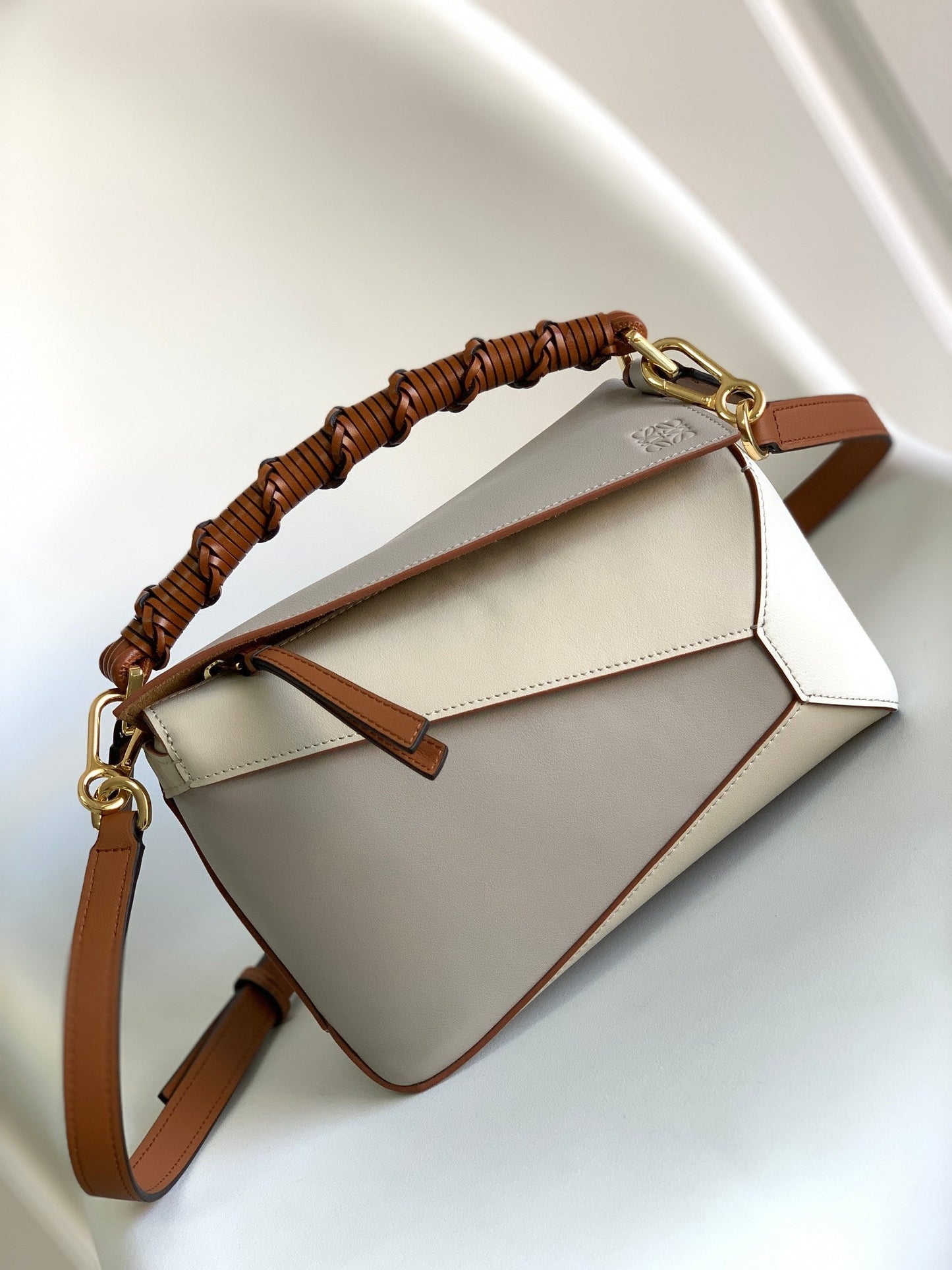 Small Puzzle 24cm bag in soft grained white and tan calfskin