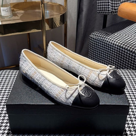 ballet flat gold white tweed black calfskin