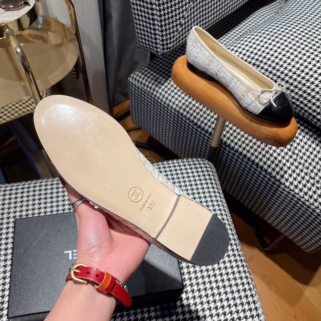 ballet flat gold white tweed black calfskin