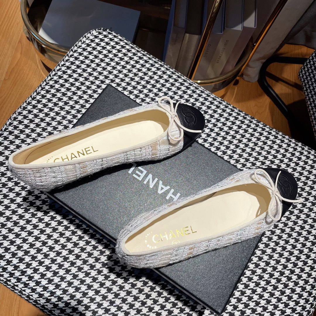 ballet flat gold white tweed black calfskin