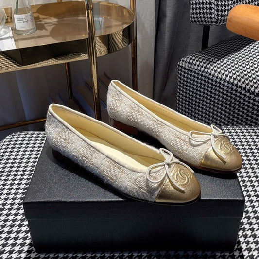 ballet flat gold white tweed gold metalic calfskin