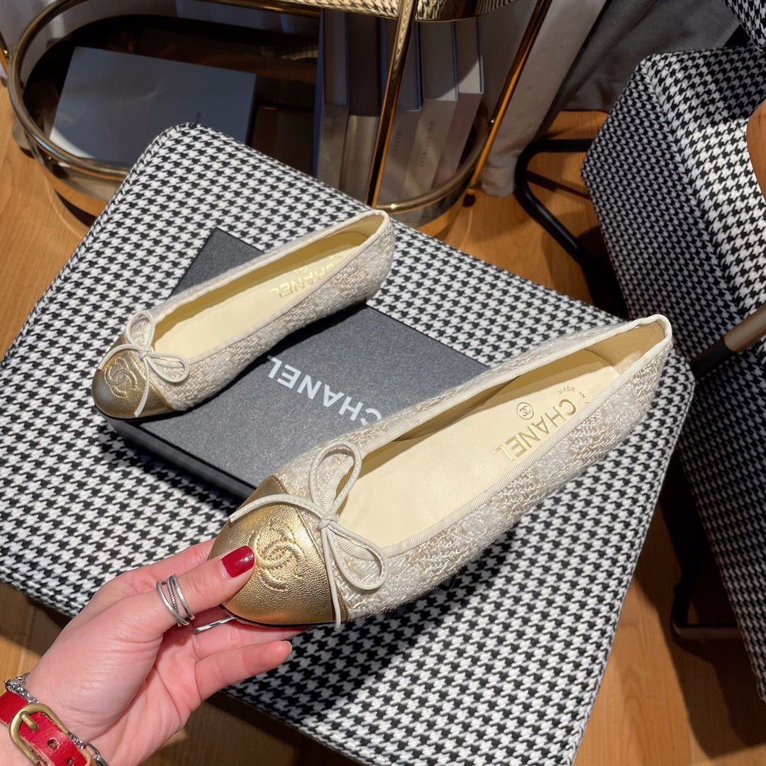 ballet flat gold white tweed gold metalic calfskin