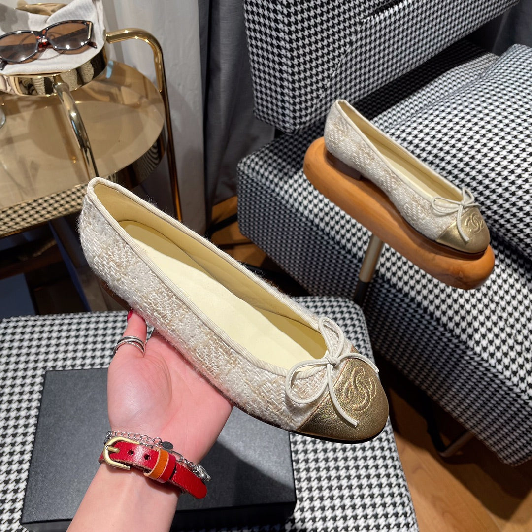 ballet flat gold white tweed gold metalic calfskin