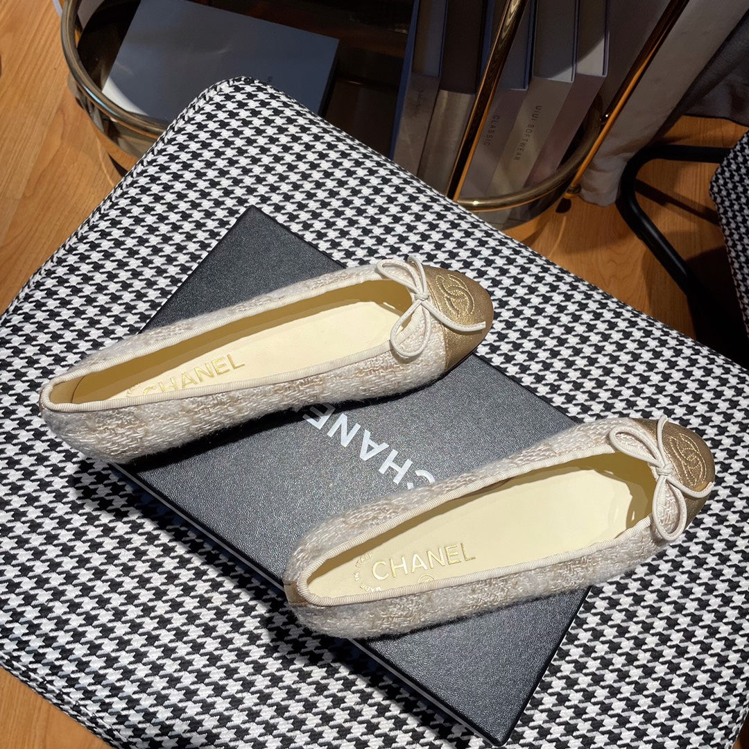 ballet flat gold white tweed gold metalic calfskin