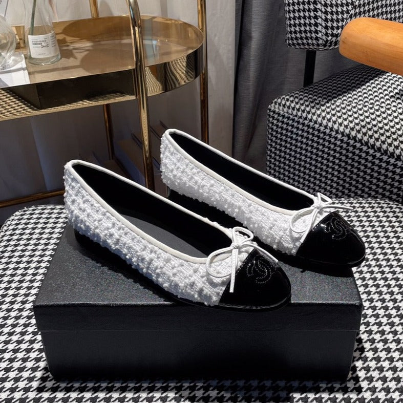 ballet flat white tweed black patent calfskin