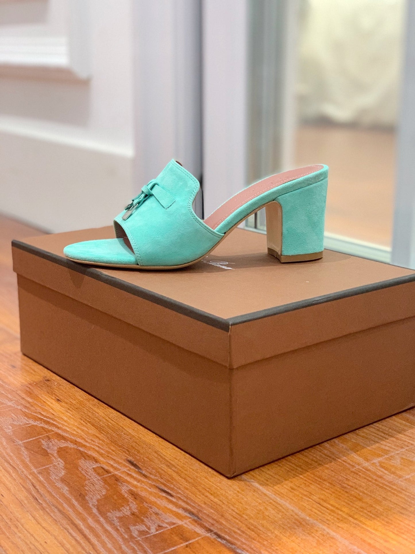 Summer Charms Mules 80 Aqua Suede Pink Lambskin