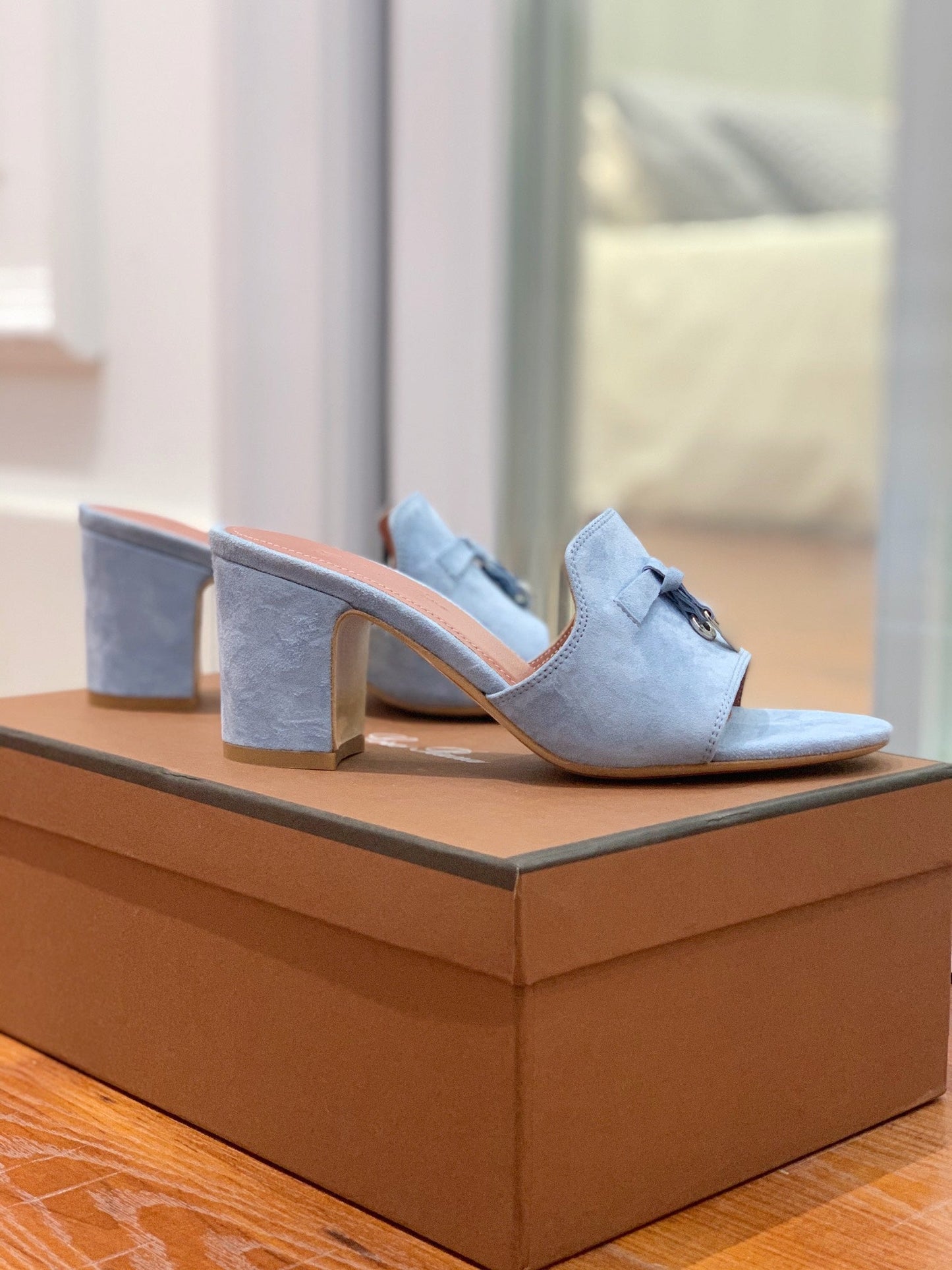 Summer Charms Mules 80 Sky Blue Suede Pink Lambskin