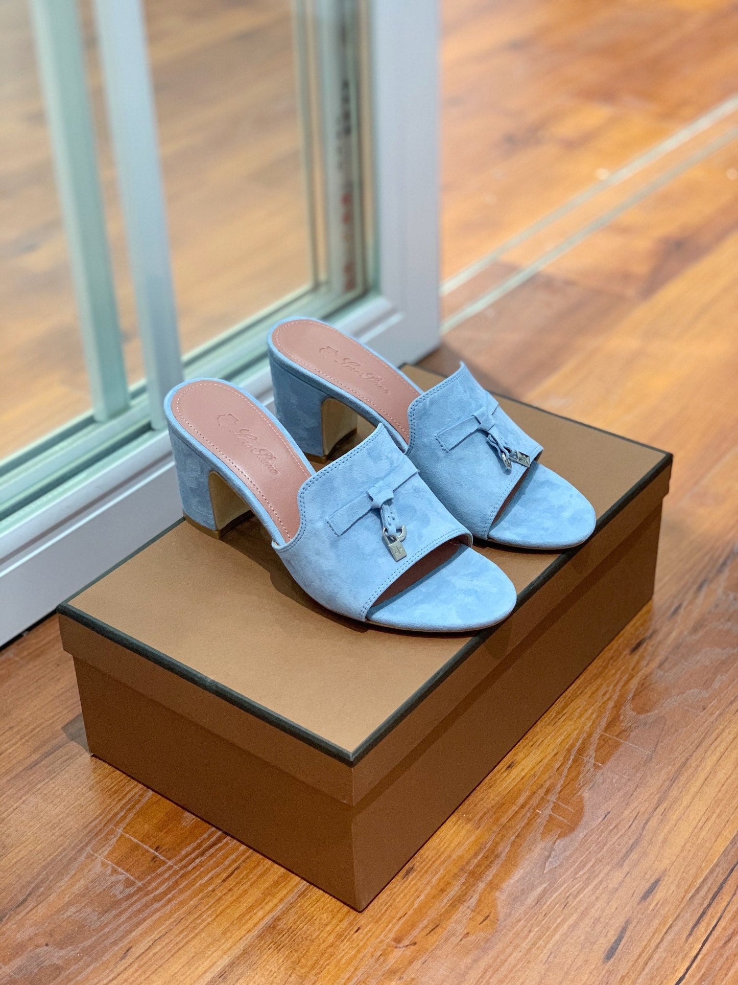 Summer Charms Mules 80 Sky Blue Suede Pink Lambskin