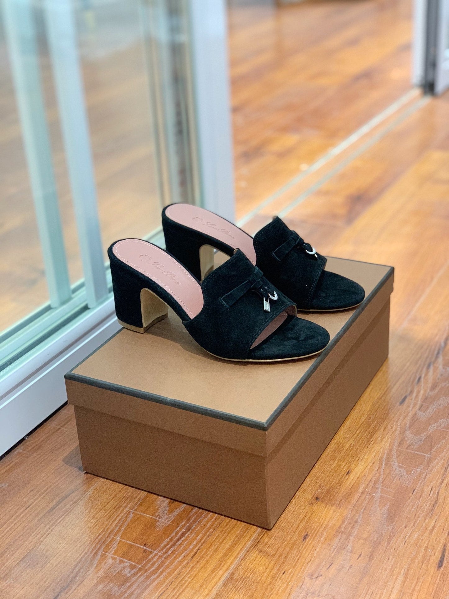 Summer Charms Mules 80 Black Suede Pink Lambskin