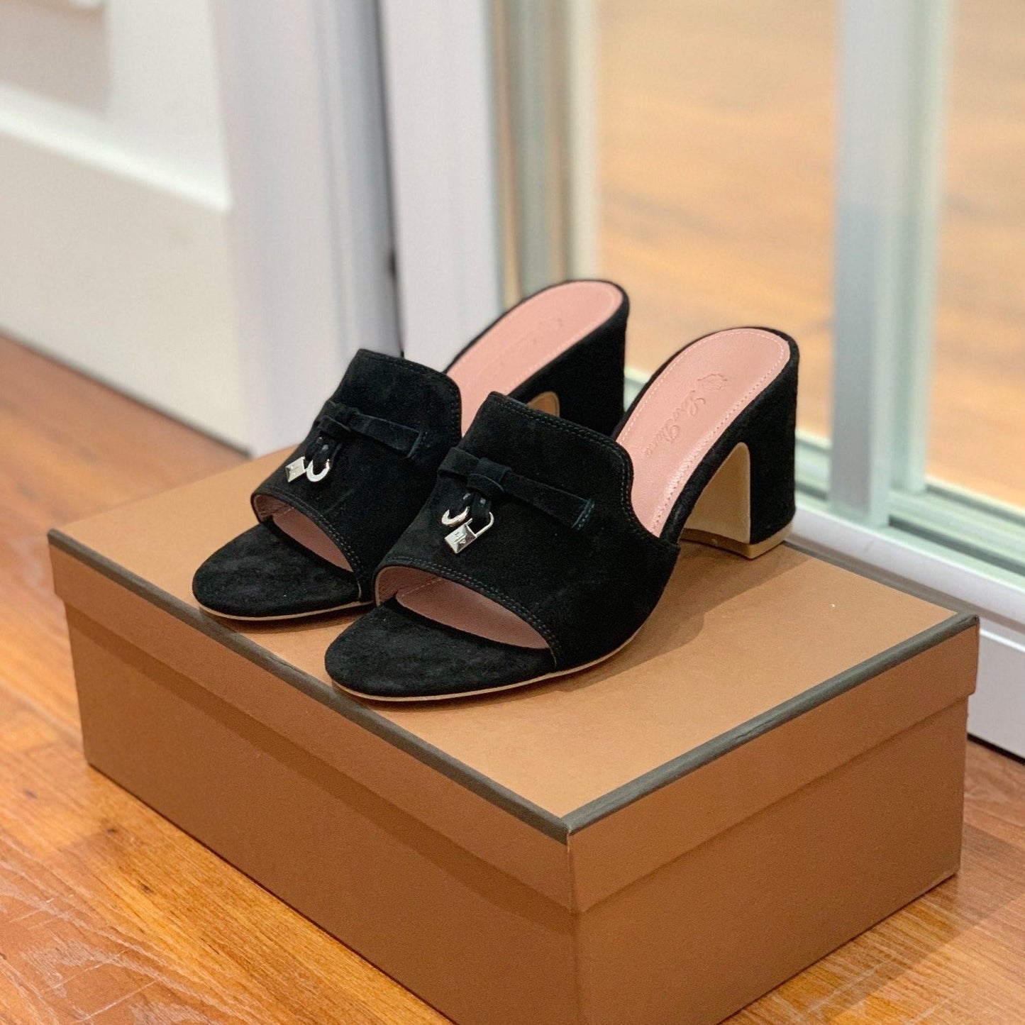 Summer Charms Mules 80 Black Suede Pink Lambskin