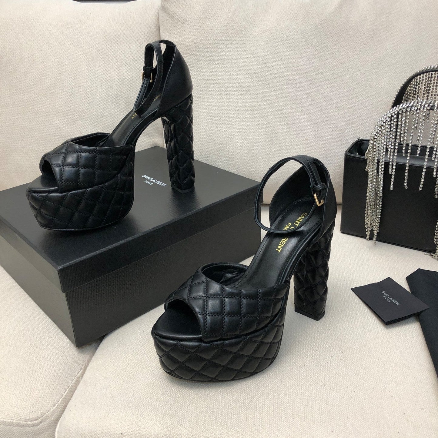 SL JODIE 135 PLATFORM SANDALS BLACK EMBOSSED CALFSKIN