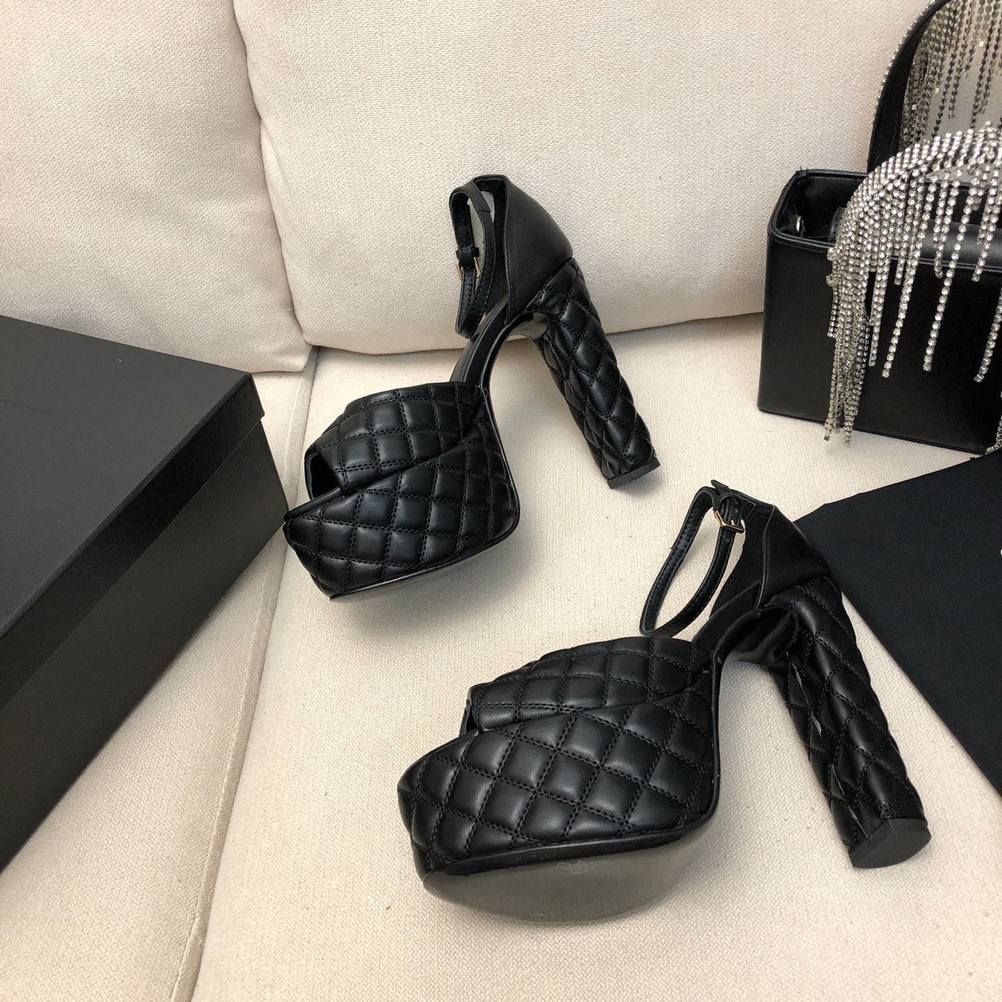 SL JODIE 135 PLATFORM SANDALS BLACK EMBOSSED CALFSKIN