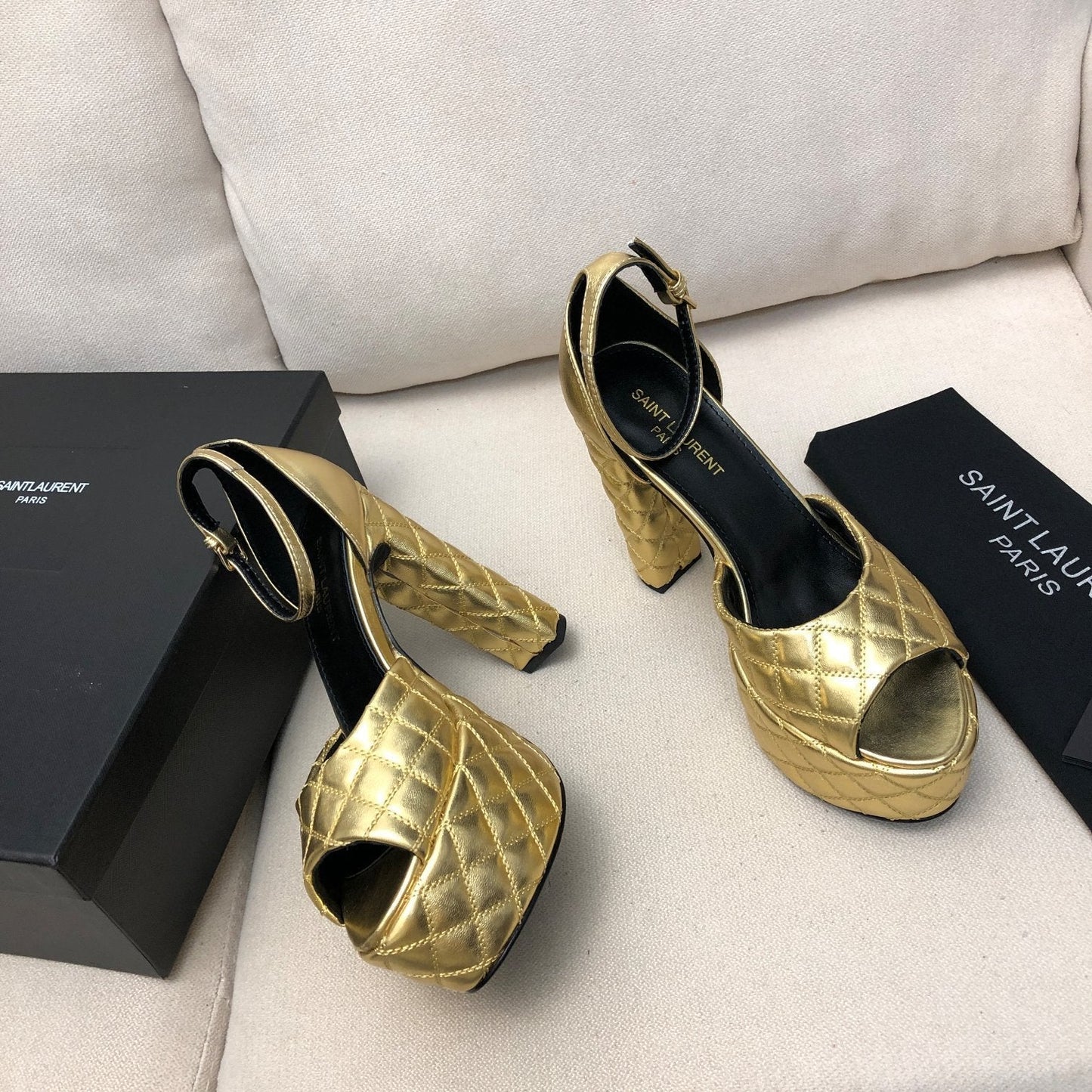 SL JODIE 135 PLATFORM SANDALS GOLD EMBOSSED CALFSKIN