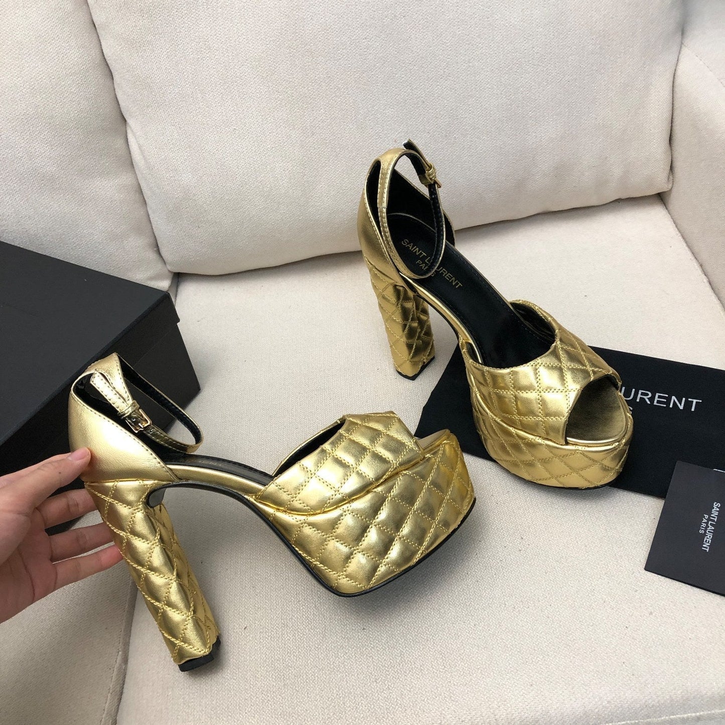 SL JODIE 135 PLATFORM SANDALS GOLD EMBOSSED CALFSKIN