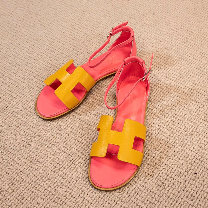 santorini sandal yellow pink epsom leather