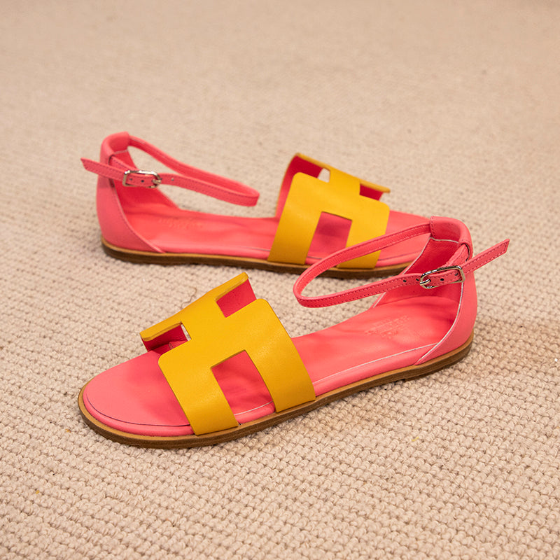 santorini sandal yellow pink epsom leather