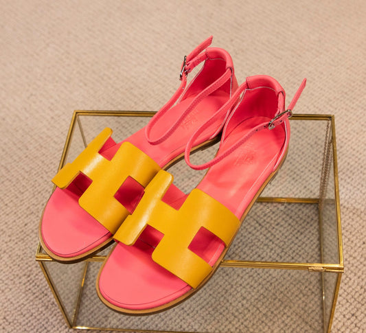 santorini sandal yellow pink epsom leather