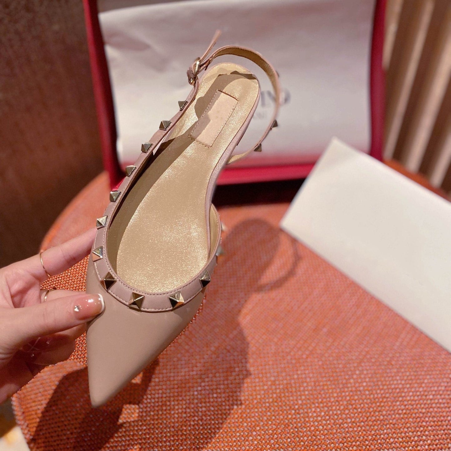 Rockstud Slingback Ballerina Flats Rose Cannelle Leather