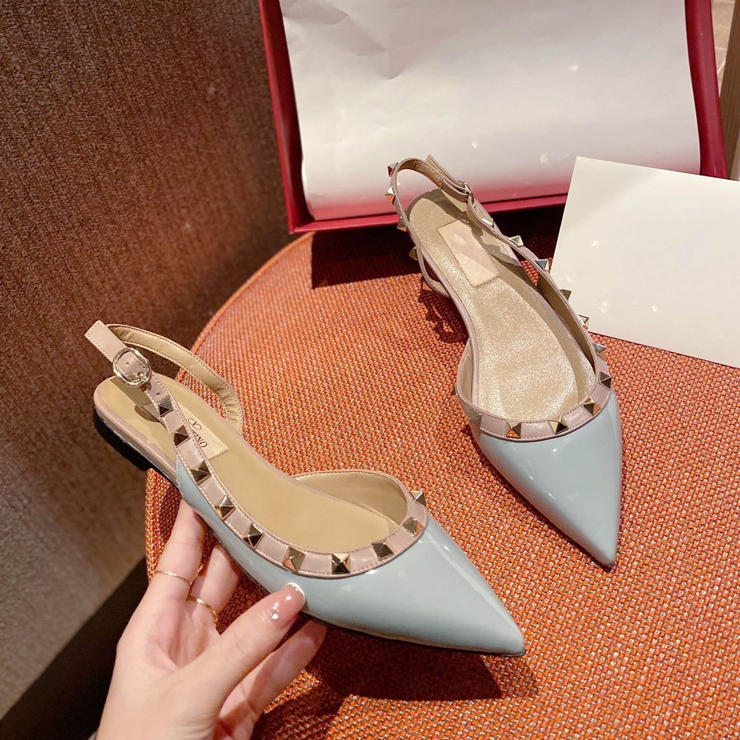 Rockstud Slingback Ballerina Flats Mist Blue Leather