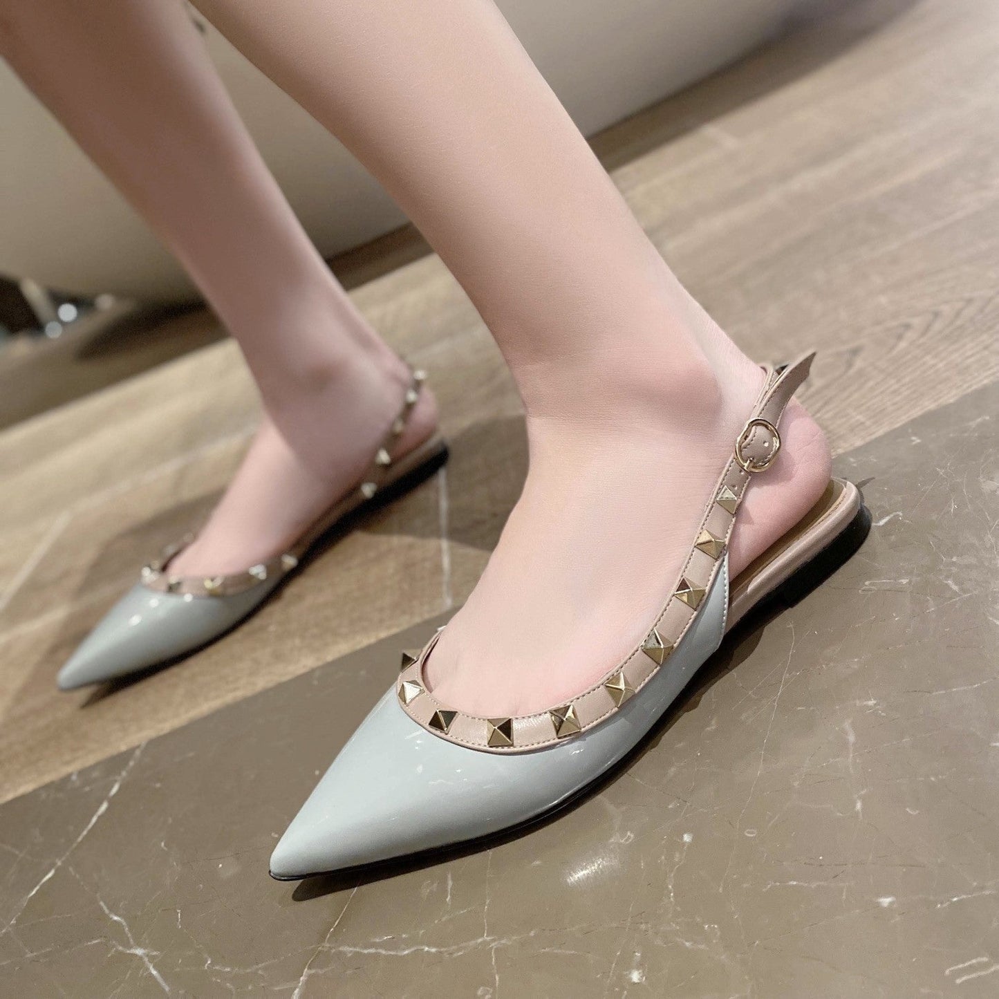 Rockstud Slingback Ballerina Flats Mist Blue Leather