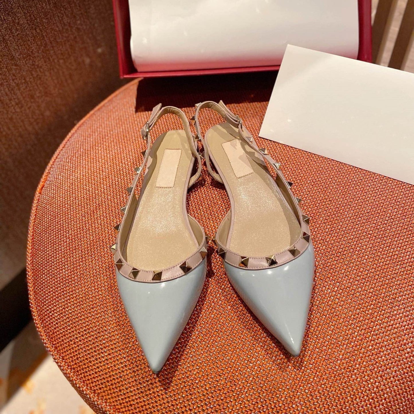 Rockstud Slingback Ballerina Flats Mist Blue Leather