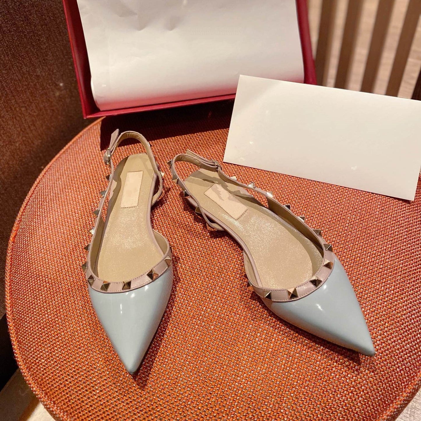 Rockstud Slingback Ballerina Flats Mist Blue Leather