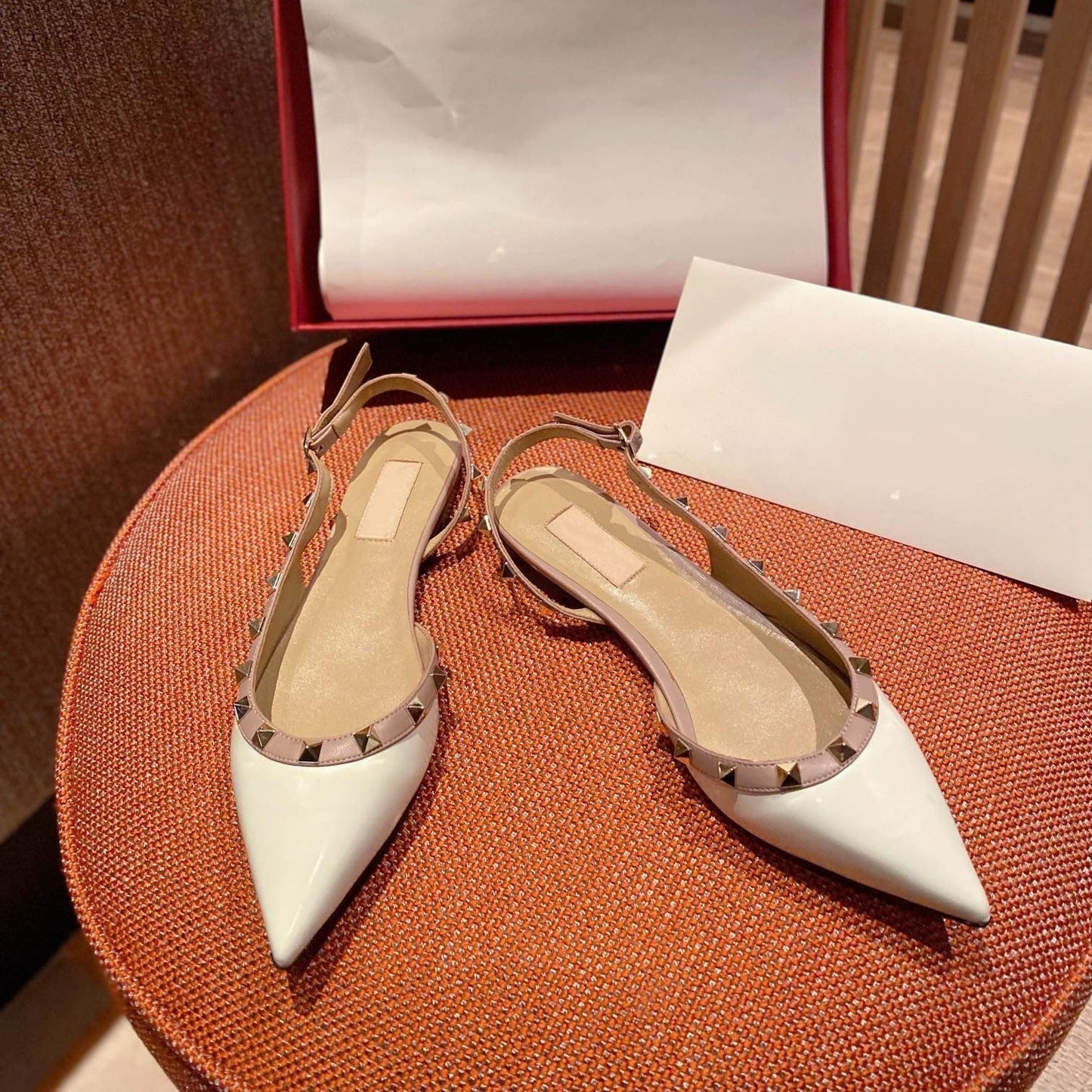 Rockstud Slingback Ballerina Flats White Leather