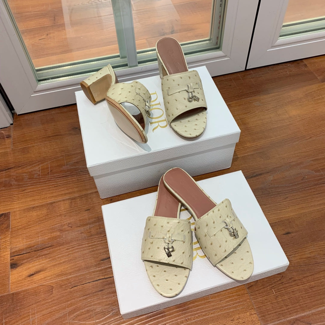 Summer Charms Sandals Mule Beige Ostrich Brown Lambskin