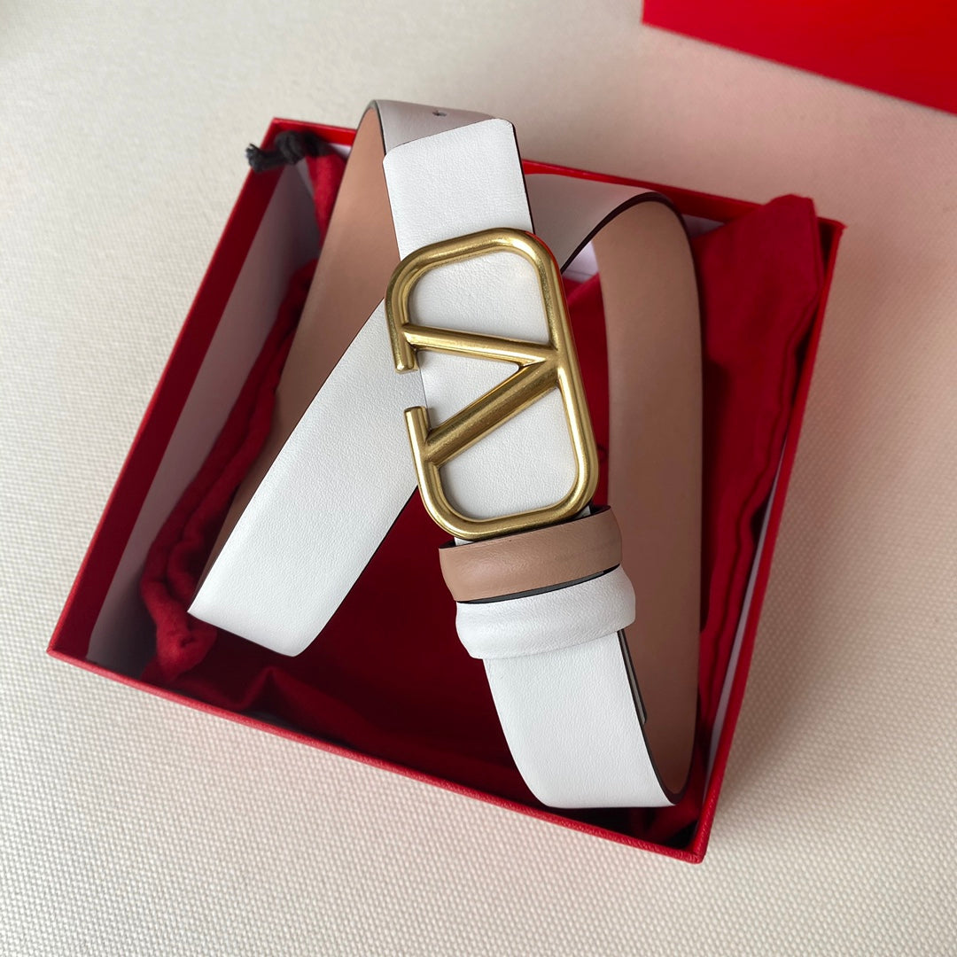 REVERSIBLE VLOGO SIGNATURE BELT IN GLOSSY BEIGE WHITE CALFSKIN GHW 30 MM