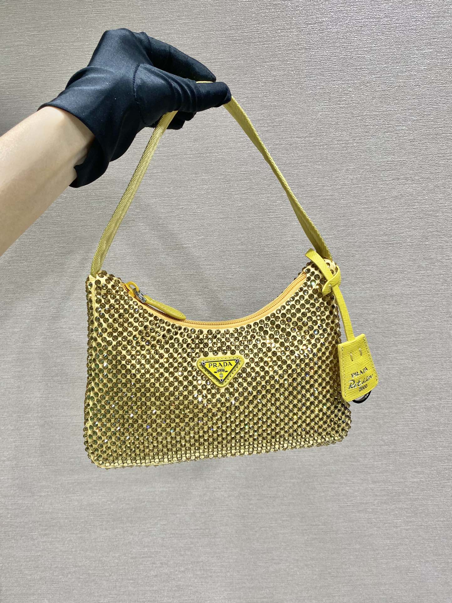 SPARKLING HOBO BAG 23 IN YELLOW NYLON ATTACHED FULLY CRYSTALS