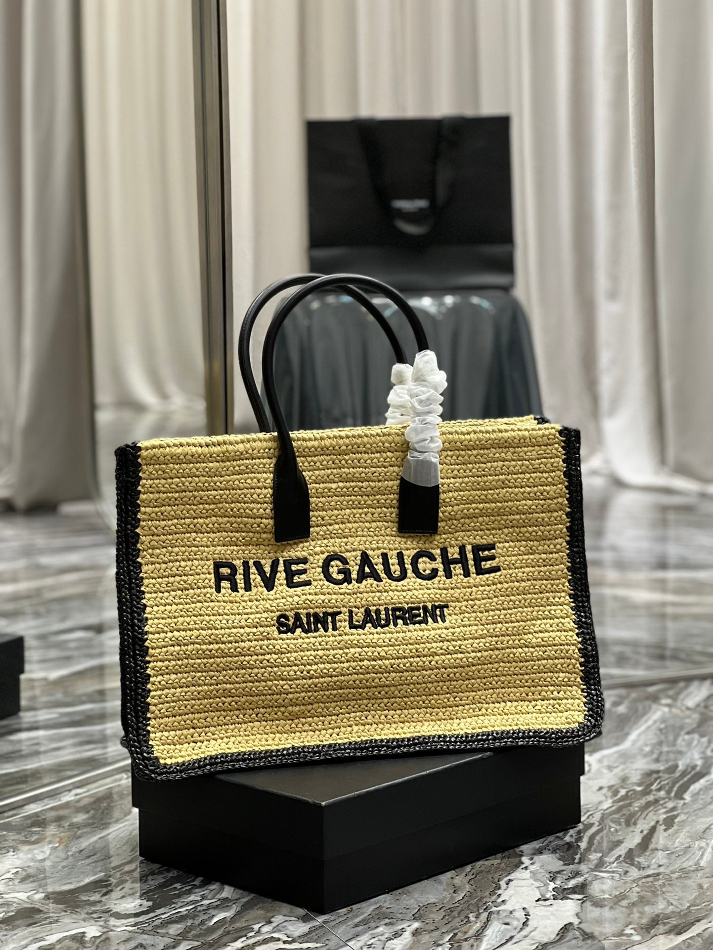 RIVE GAUCHE TOTE BAG 48 IN LIGHT YELLOW AND BLACK TRIM RAFFIA