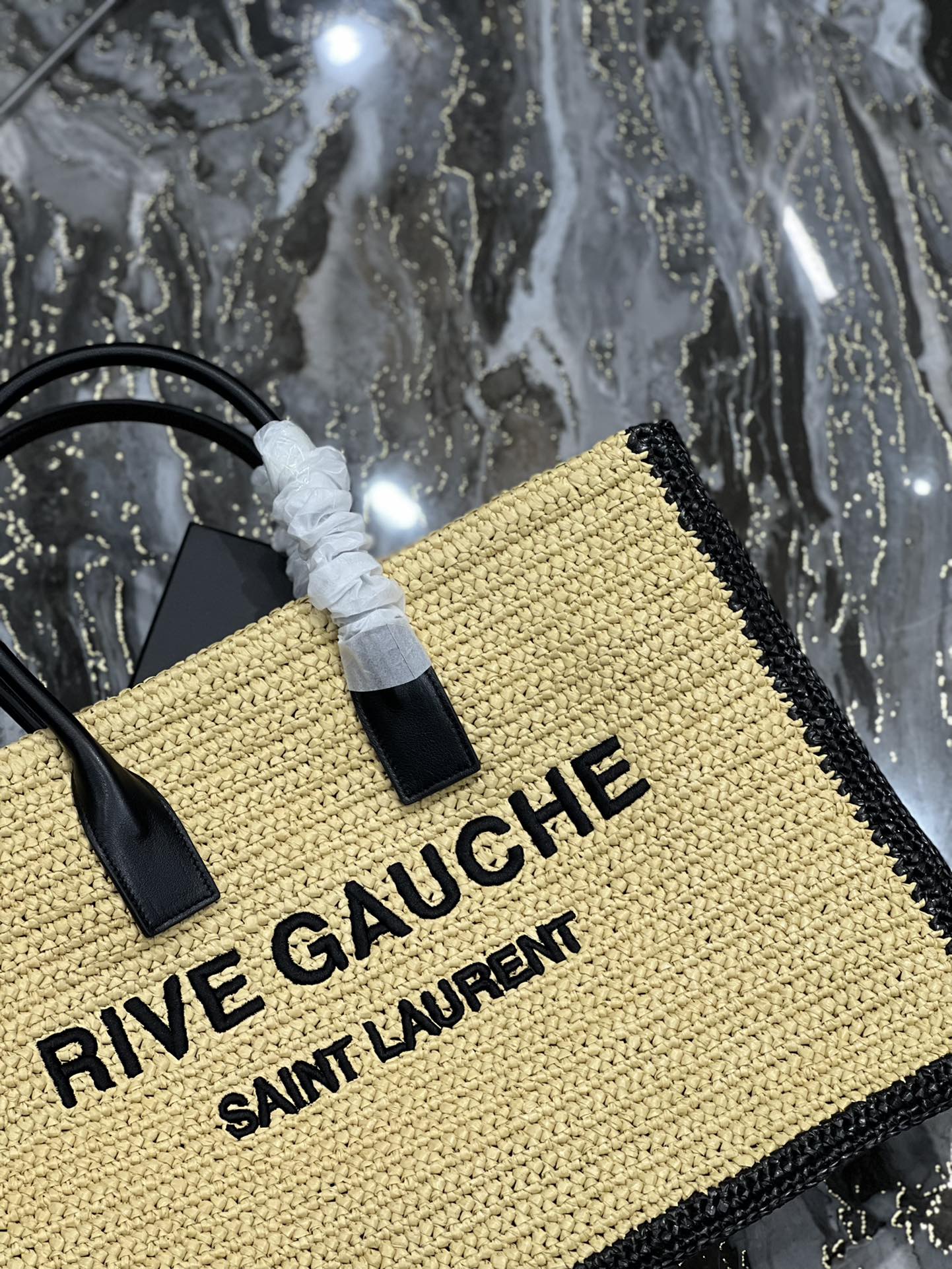 RIVE GAUCHE TOTE BAG 48 IN LIGHT YELLOW AND BLACK TRIM RAFFIA