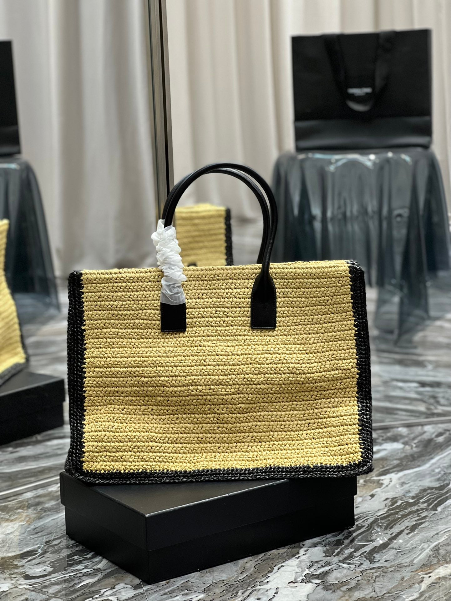 RIVE GAUCHE TOTE BAG 48 IN LIGHT YELLOW AND BLACK TRIM RAFFIA