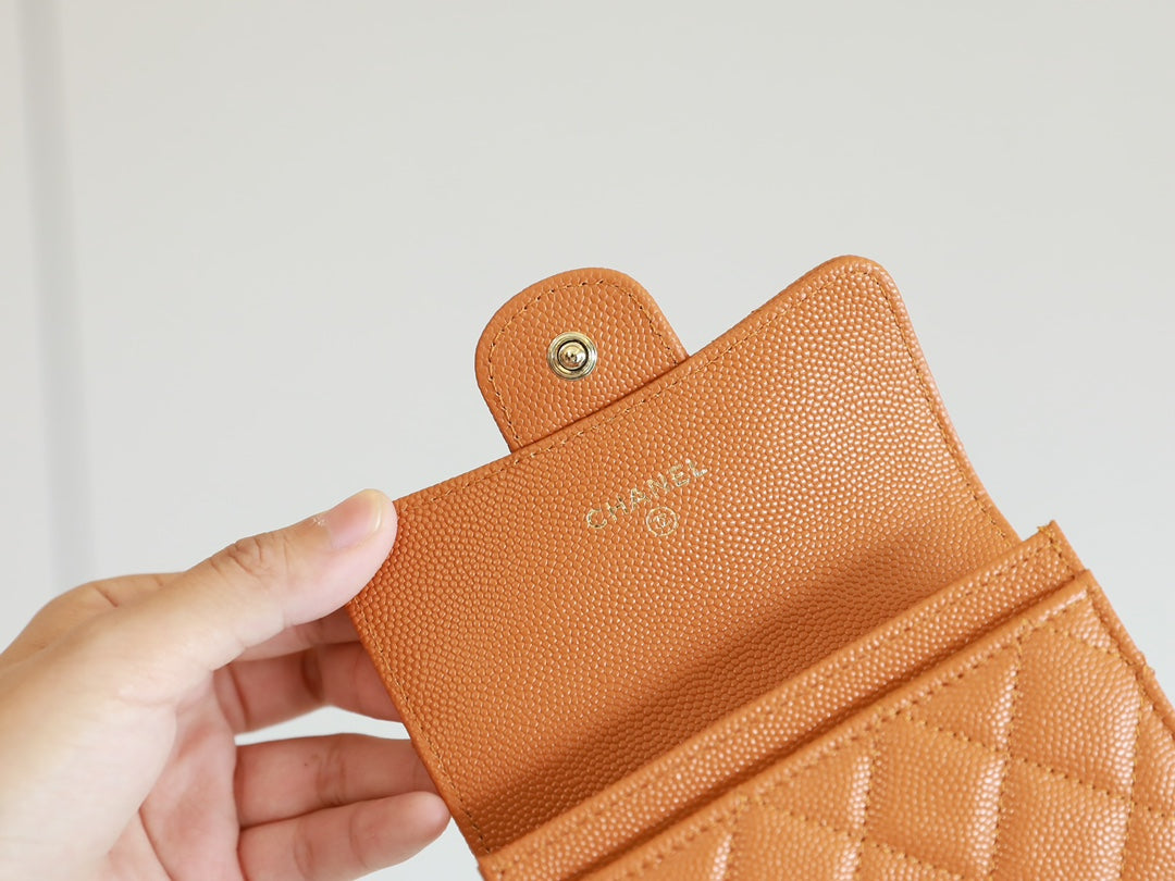 CC FLAP CARD HOLDER 11.3 ORANGE GRAINED CALFSKIN GOLD ICON