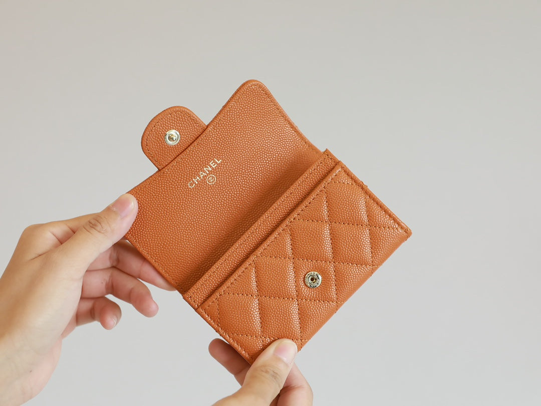 CC FLAP CARD HOLDER 11.3 ORANGE GRAINED CALFSKIN GOLD ICON