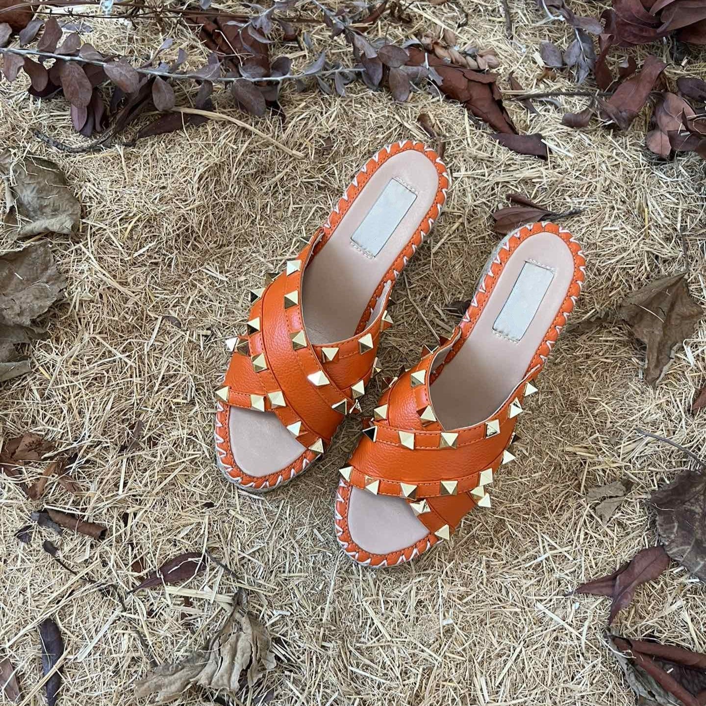 Rockstud Crisscross Espadrilles 80mm Sandal Wedges Orange