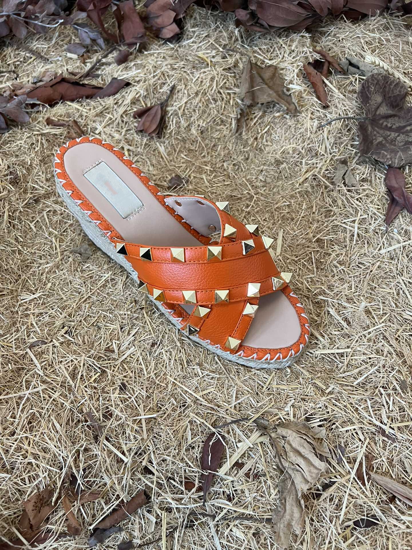 Rockstud Crisscross Espadrilles 80mm Sandal Wedges Orange