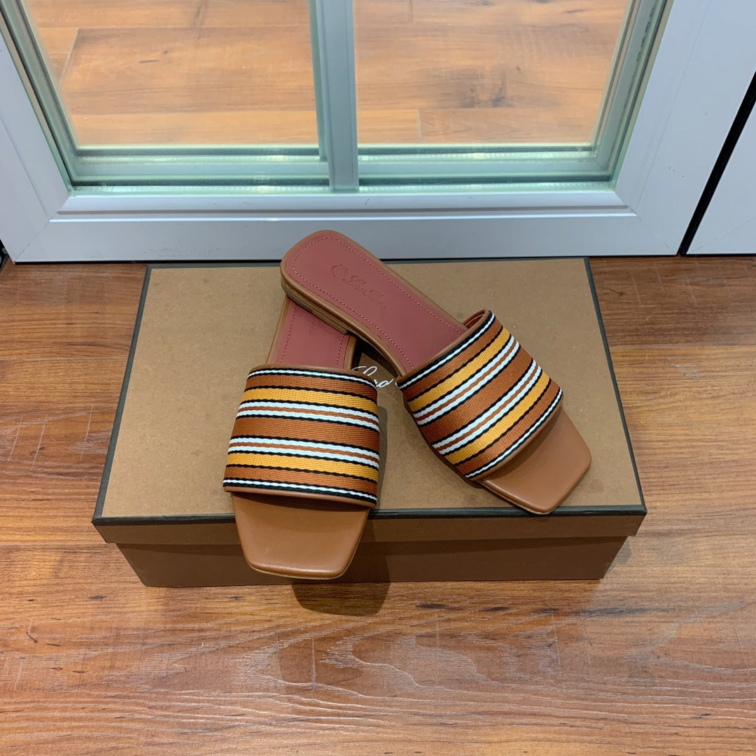 Suitcase Stripe Flat Sandals Brown Maroon Leather