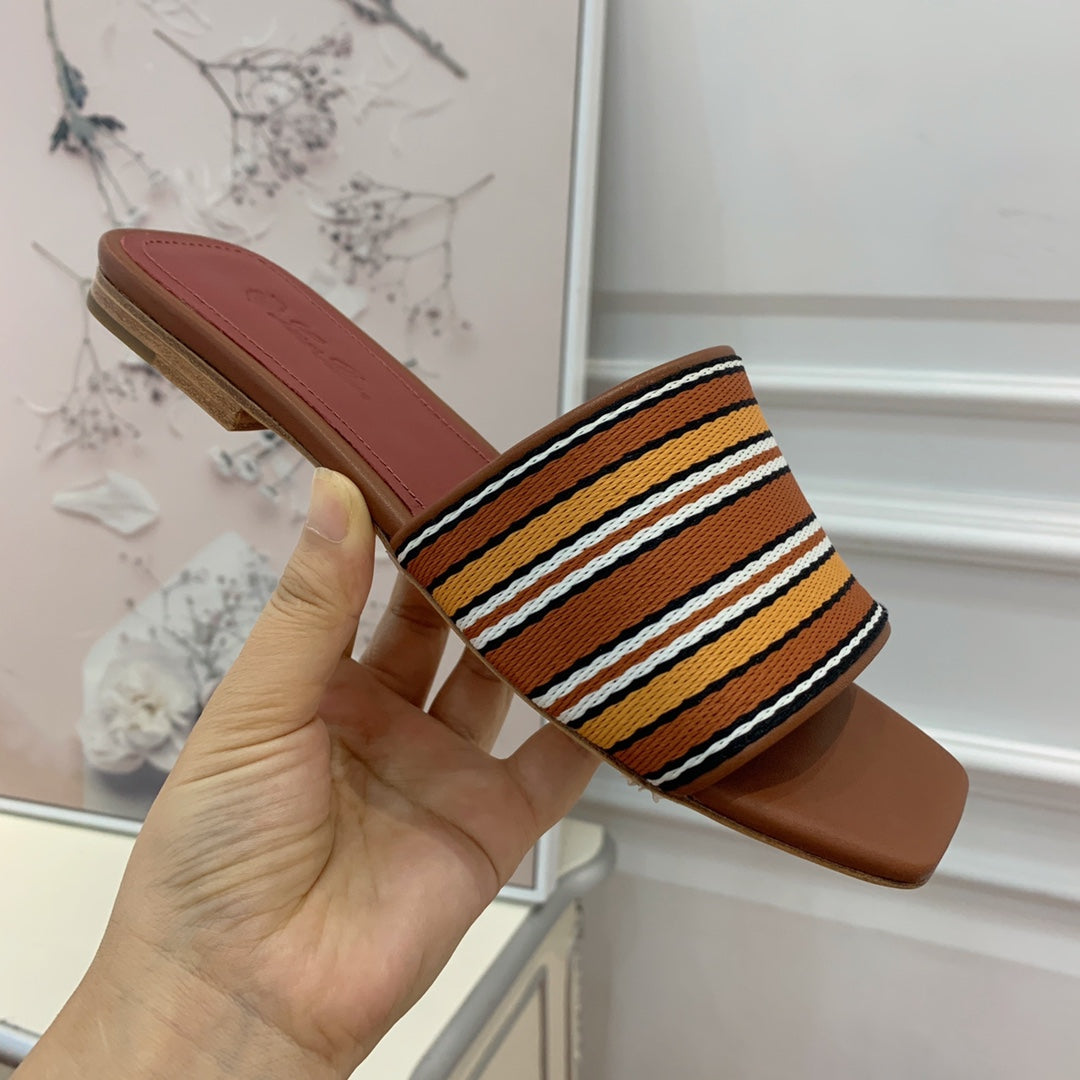 Suitcase Stripe Flat Sandals Brown Maroon Leather