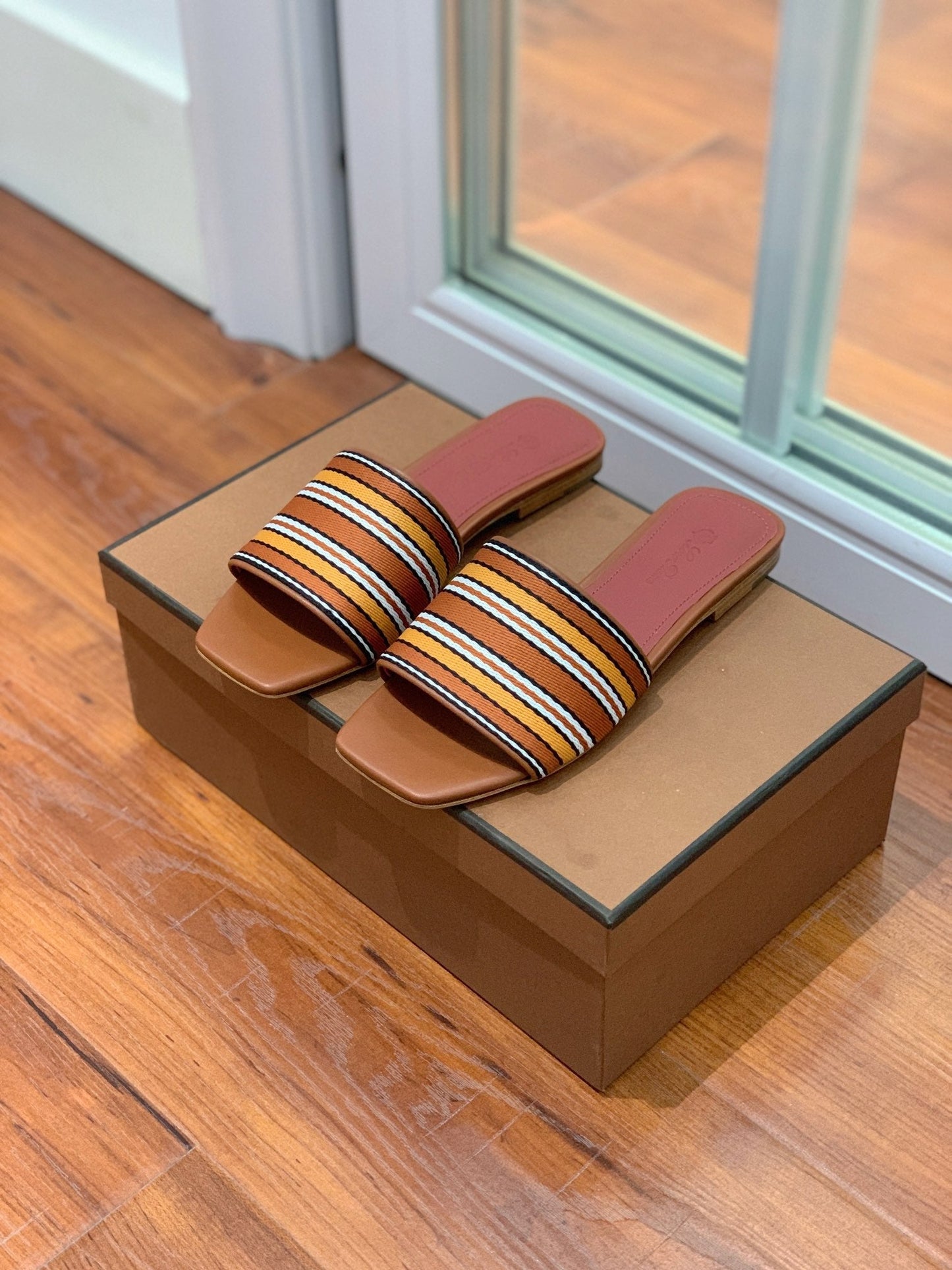 Suitcase Stripe Flat Sandals Brown Maroon Leather